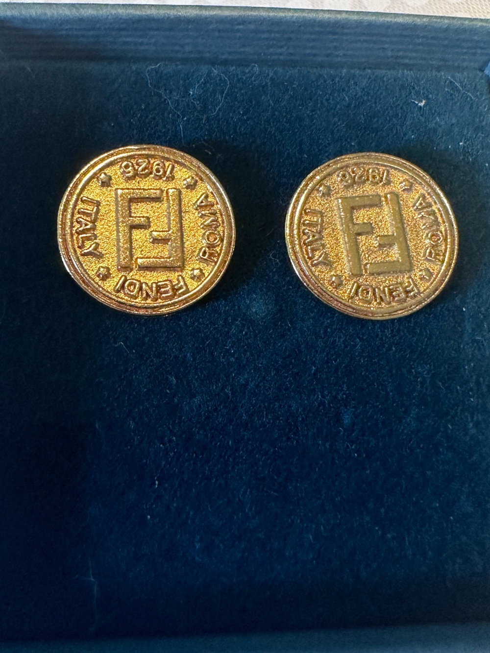 Vintage Fendi Roma 1925 FF Logo Gold Tone Coin Stud Earrings COA